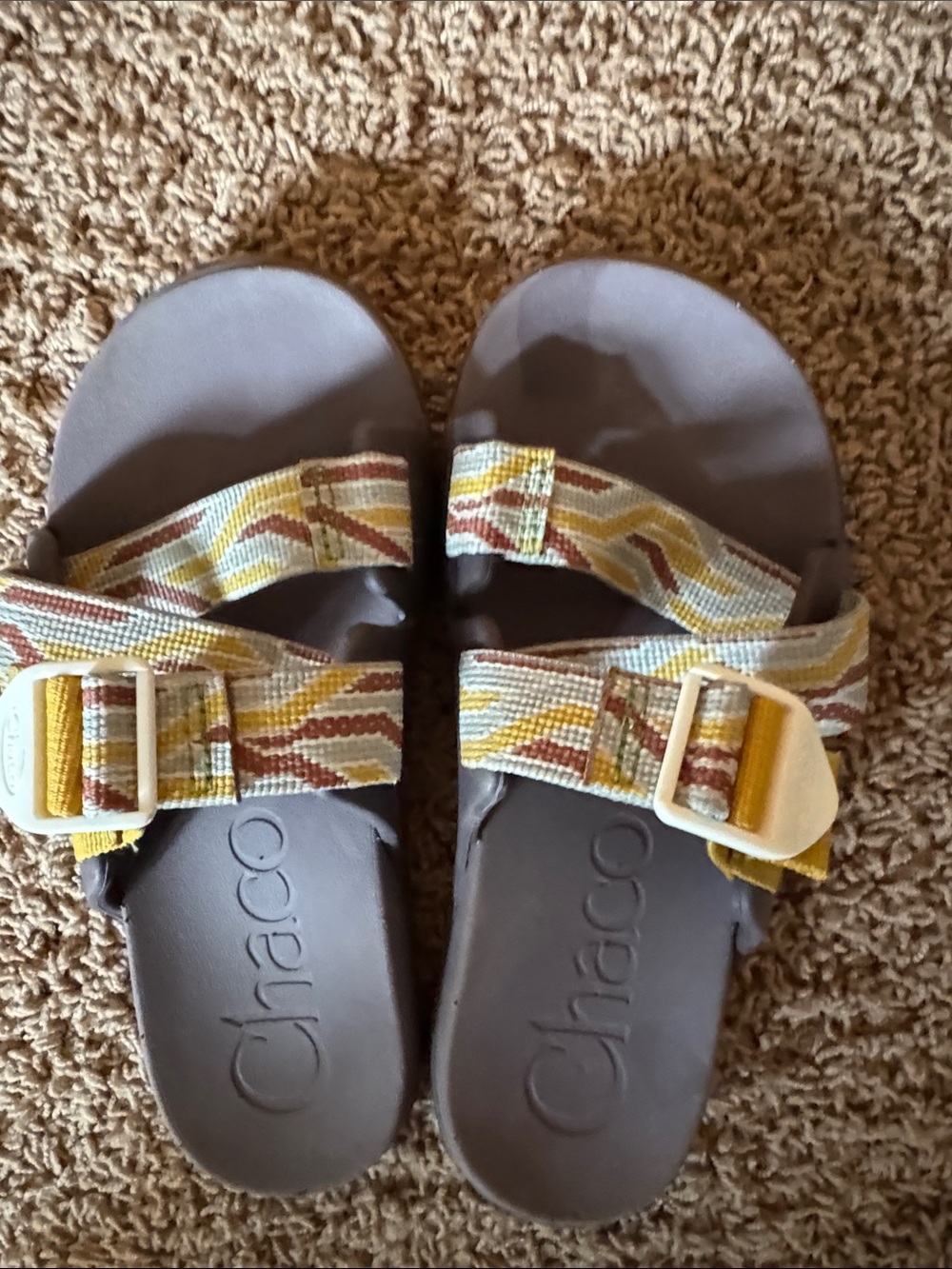 Chaco brown Footbed Slides  with Yellow and Brown Patterned Straps